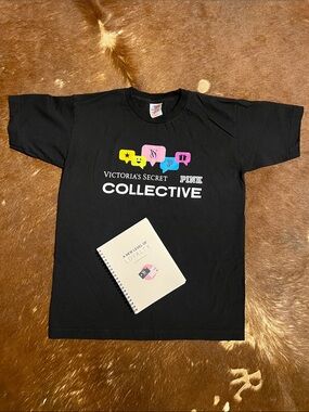 Victoria's Secret Black Graphic Tee with Yellow, Pink & Blue Icons